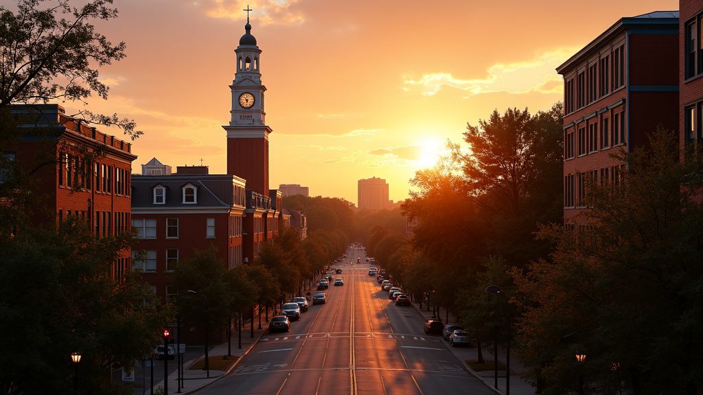 Downtown Ann Arbor, Michigan at golden hour with a collegiate clock tower, representing in-home newborn circumcision in Ann Arbor