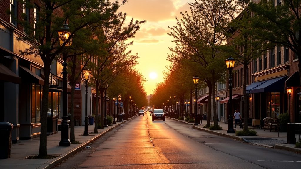A charming downtown Birmingham, Michigan street at golden hour, representing in-home newborn circumcision in Birmingham