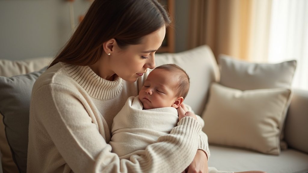 A mother gently cradling her peacefully sleeping newborn at home, representing calm in-home newborn circumcision care