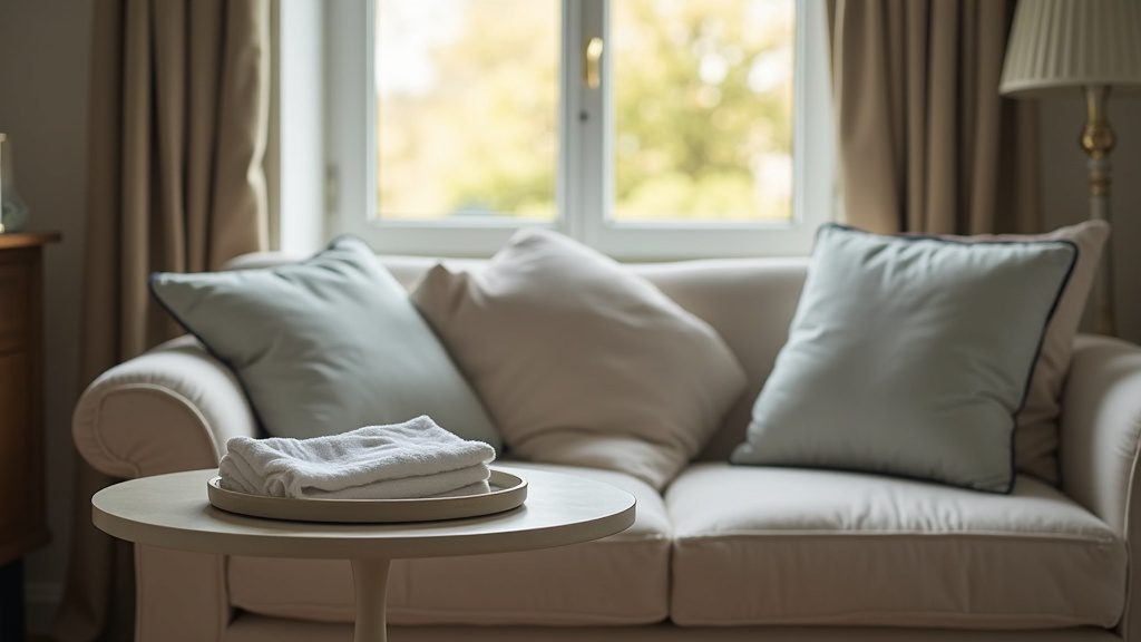 A calm, tidy home room with soft light and neatly folded white cloths, prepared for a gentle in-home newborn circumcision