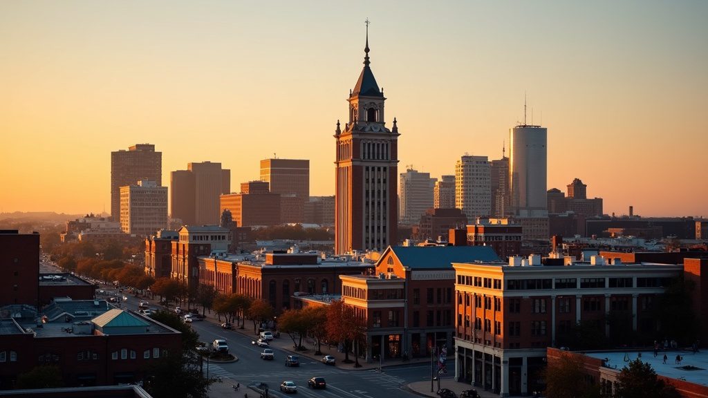 Kalamazoo skyline at golden hour, representing in-home newborn circumcision in Kalamazoo