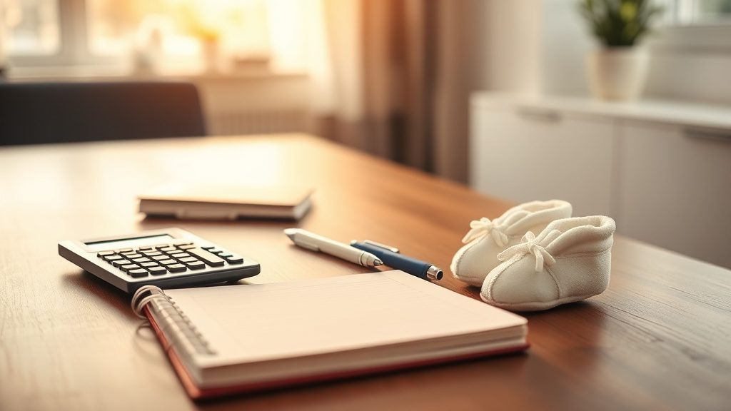 Notebook, calculator, and baby booties on a table representing planning for newborn circumcision cost