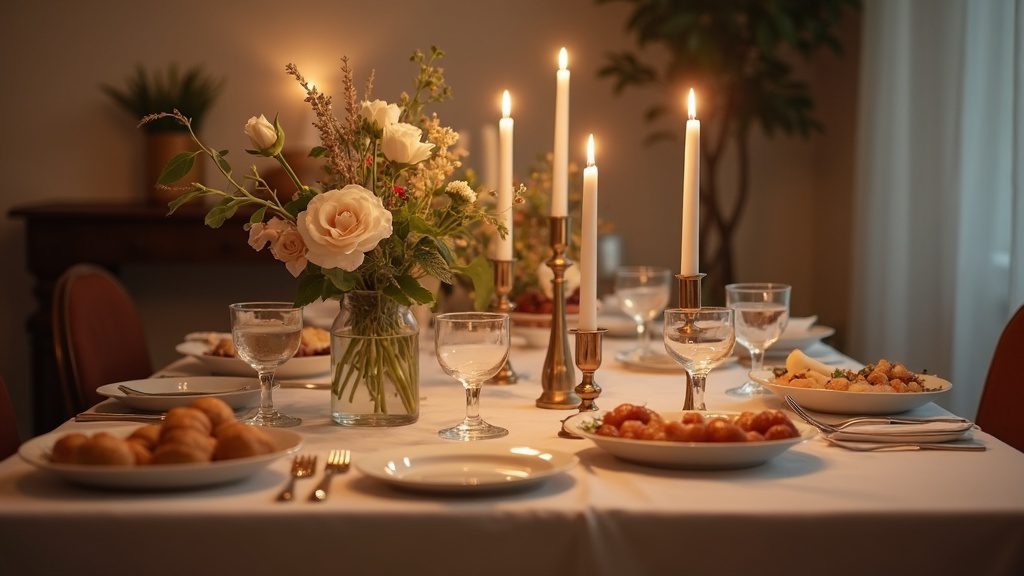 A warm home table set with flowers and candles for a small family celebration of a bris