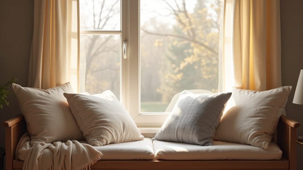 A cozy sunlit window seat with soft blankets, representing a calm in-home circumcision versus a hospital setting
