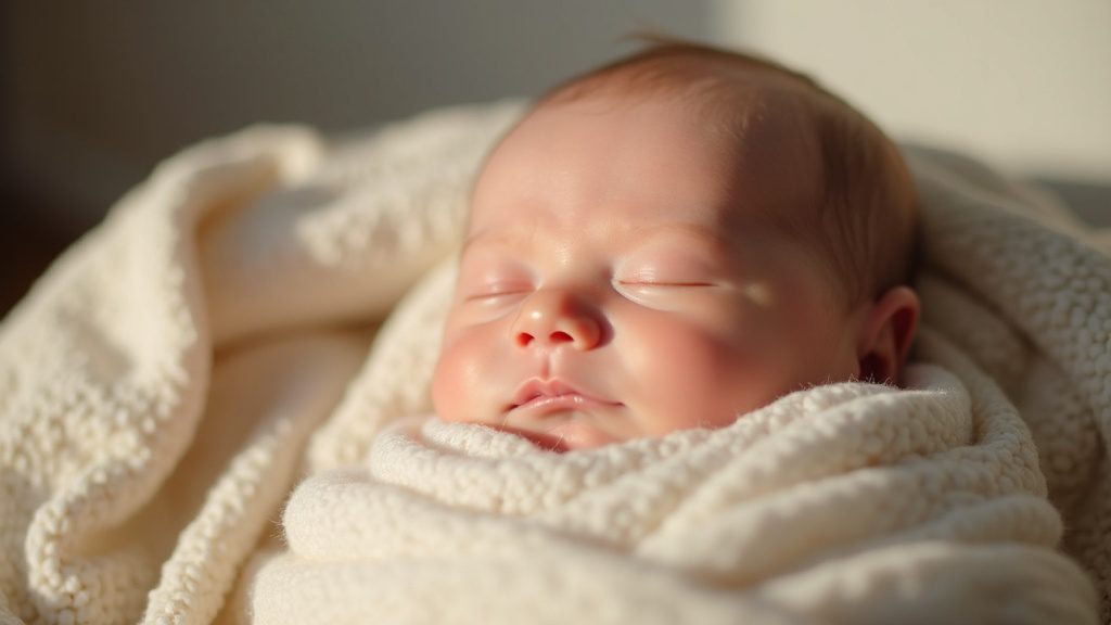 A peacefully sleeping swaddled newborn in a calm nursery, representing gentle circumcision healing