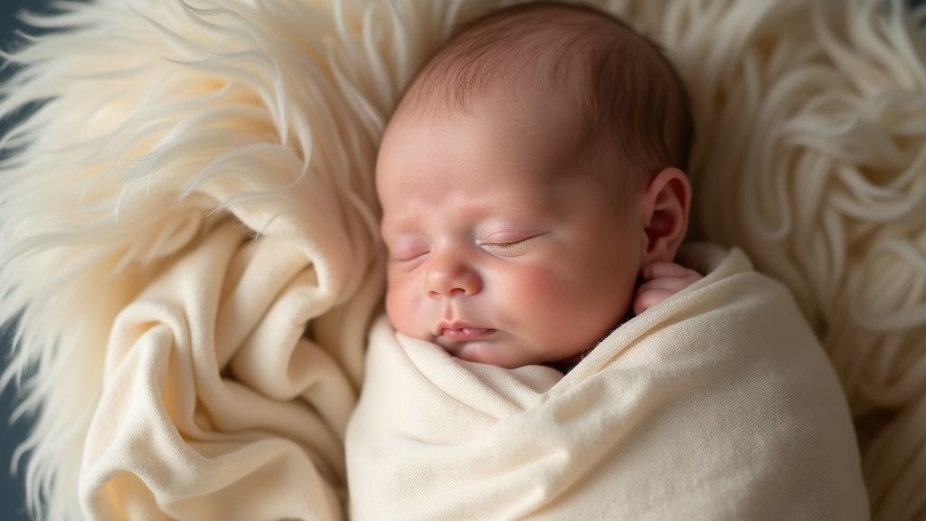 A content, swaddled newborn calmly soothed in soft blankets, representing gentle pain management during newborn circumcision