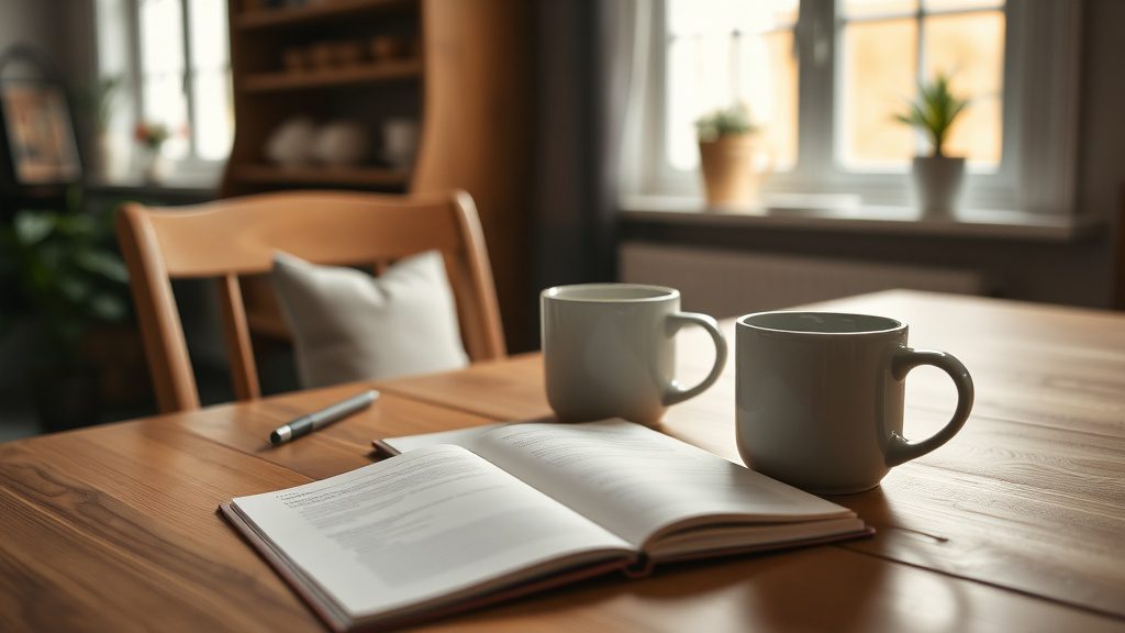 Two mugs and a notebook on a kitchen table representing a family deciding about circumcision