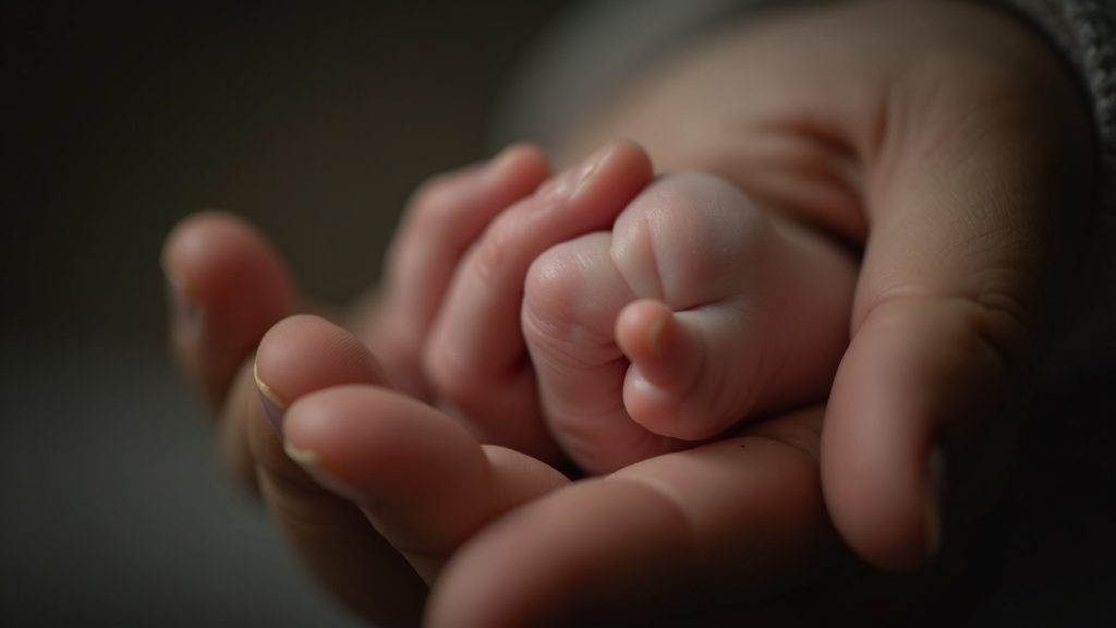 A newborn's tiny hand resting in a parent's hand, representing the best age for a newborn circumcision