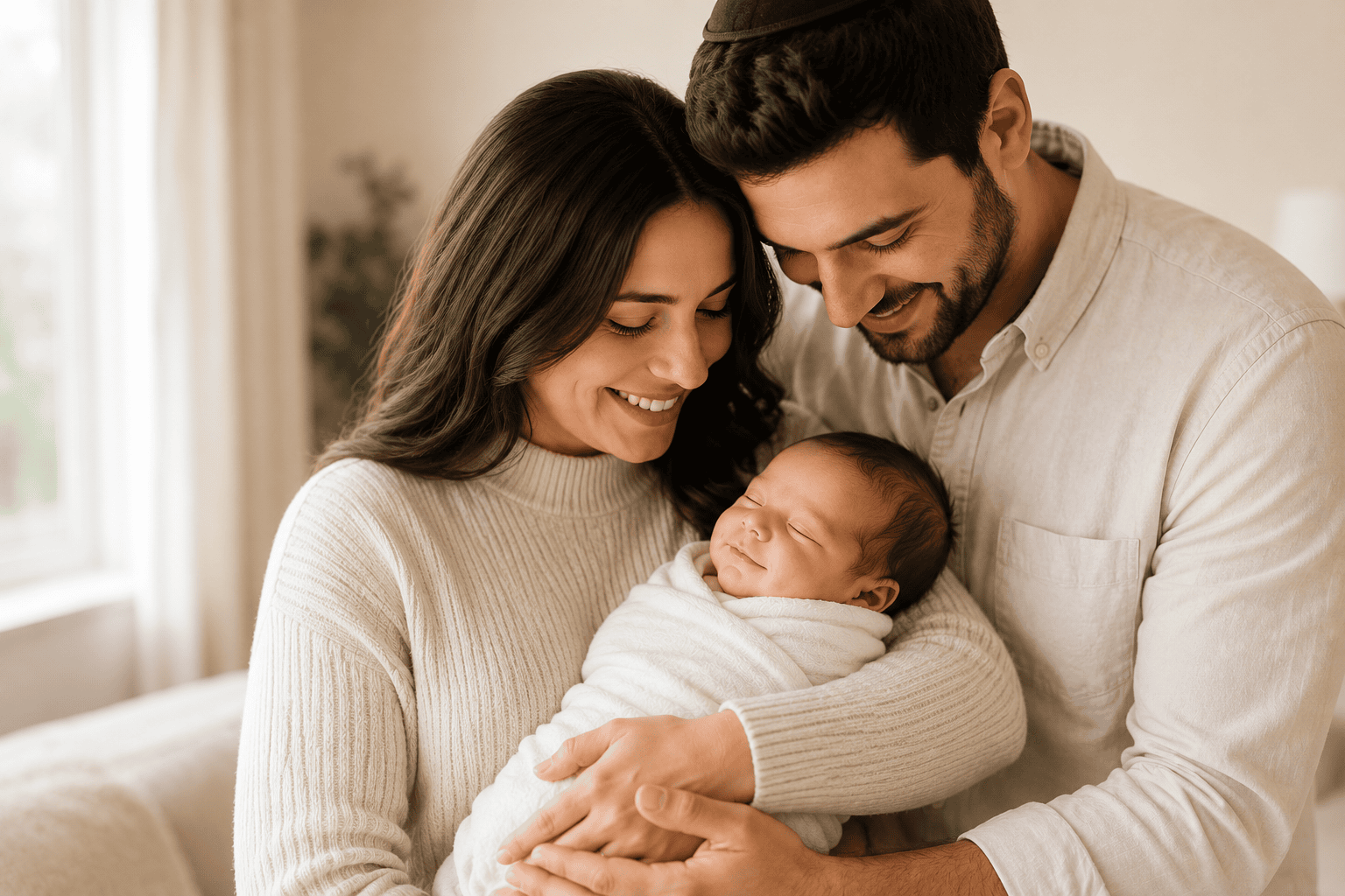 Parents holding their sleeping newborn son at home, where the circumcision takes place