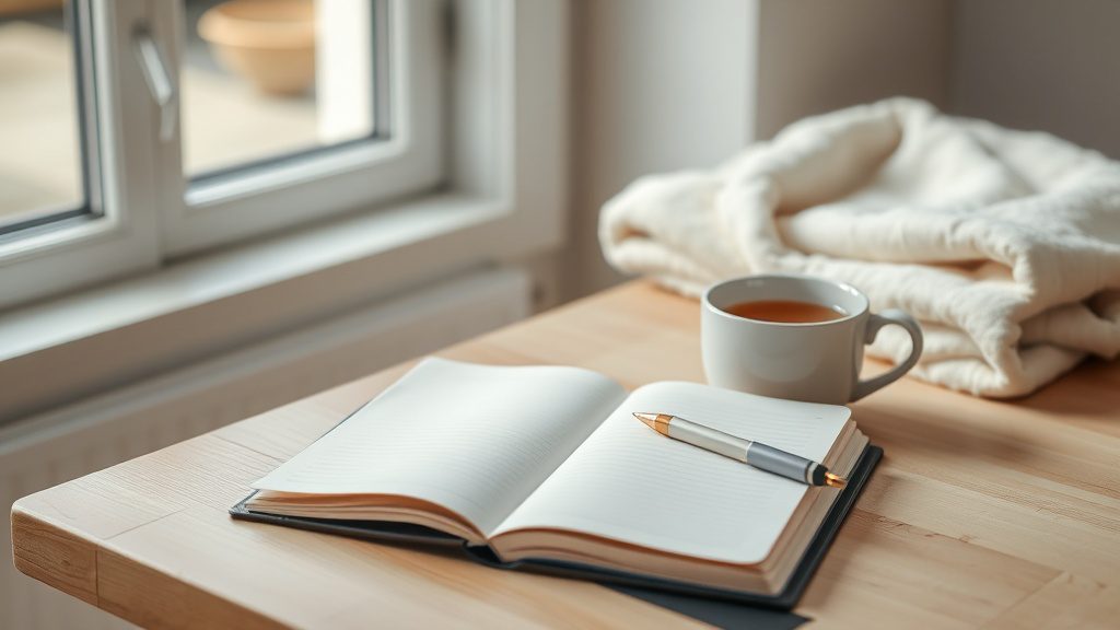 A notebook with two columns and a cup of tea on a table, representing a family weighing the circumcision decision