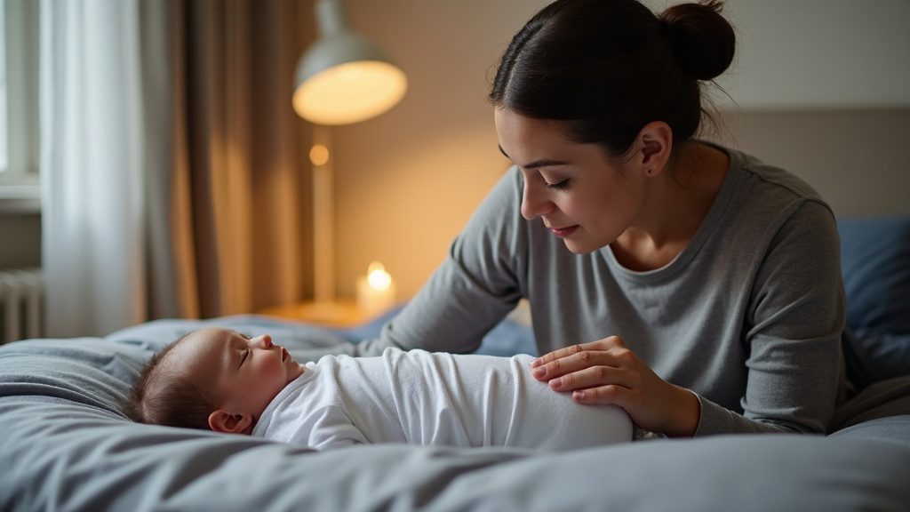 A parent watching over a content, swaddled sleeping newborn in a cozy nursery, representing newborn circumcision aftercare and healing at home