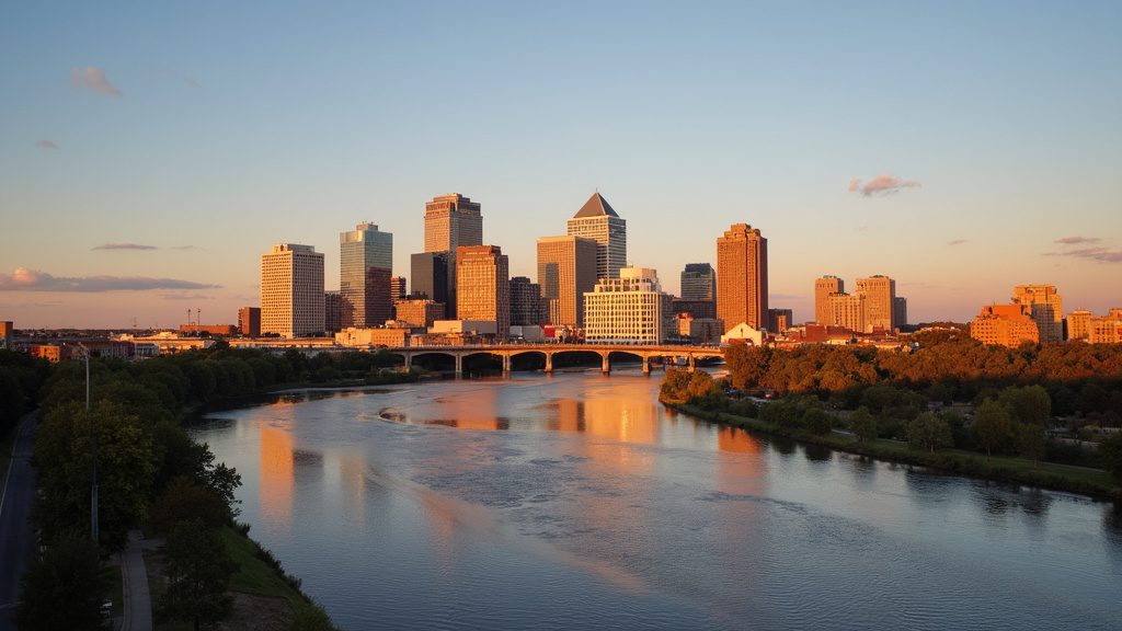 Downtown Grand Rapids skyline along the Grand River at golden hour, representing in-home newborn circumcision in Grand Rapids