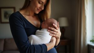 A parent gently holding a swaddled newborn close, representing safe, careful newborn circumcision with minimized risks