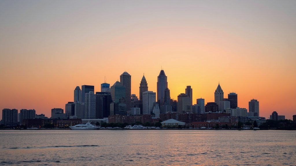 Downtown Detroit skyline along the Detroit River at golden hour, representing in-home newborn circumcision in Detroit