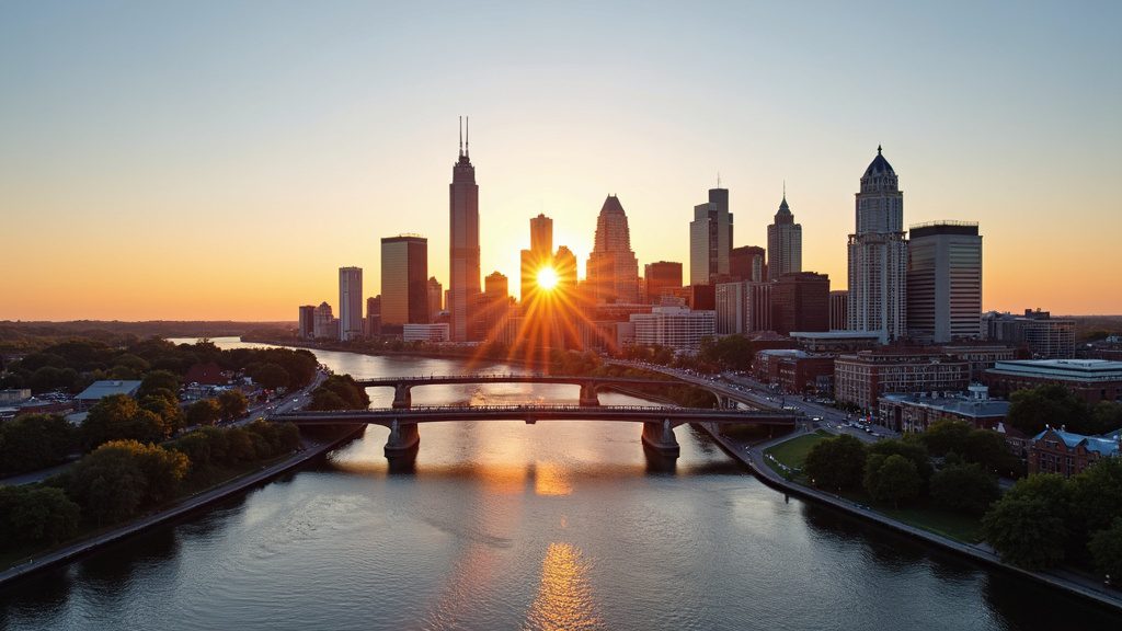 Cleveland skyline at golden hour, representing in-home newborn circumcision in Cleveland