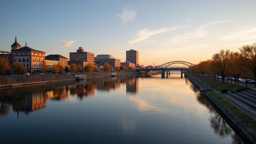 Saginaw skyline at golden hour, representing in-home newborn circumcision in Saginaw