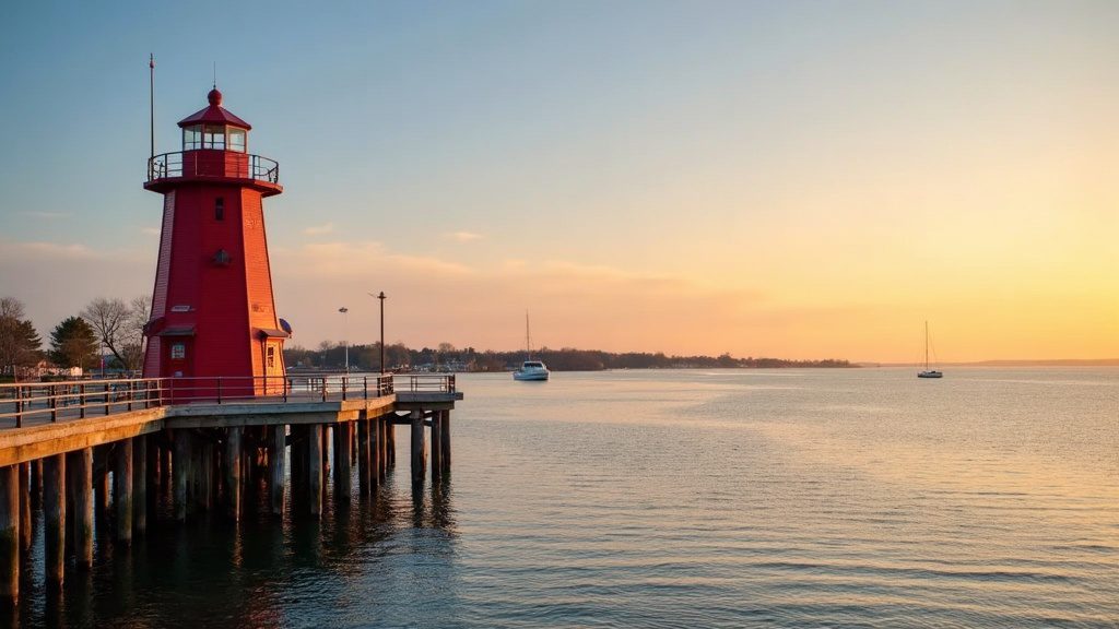 Muskegon skyline at golden hour, representing in-home newborn circumcision in Muskegon