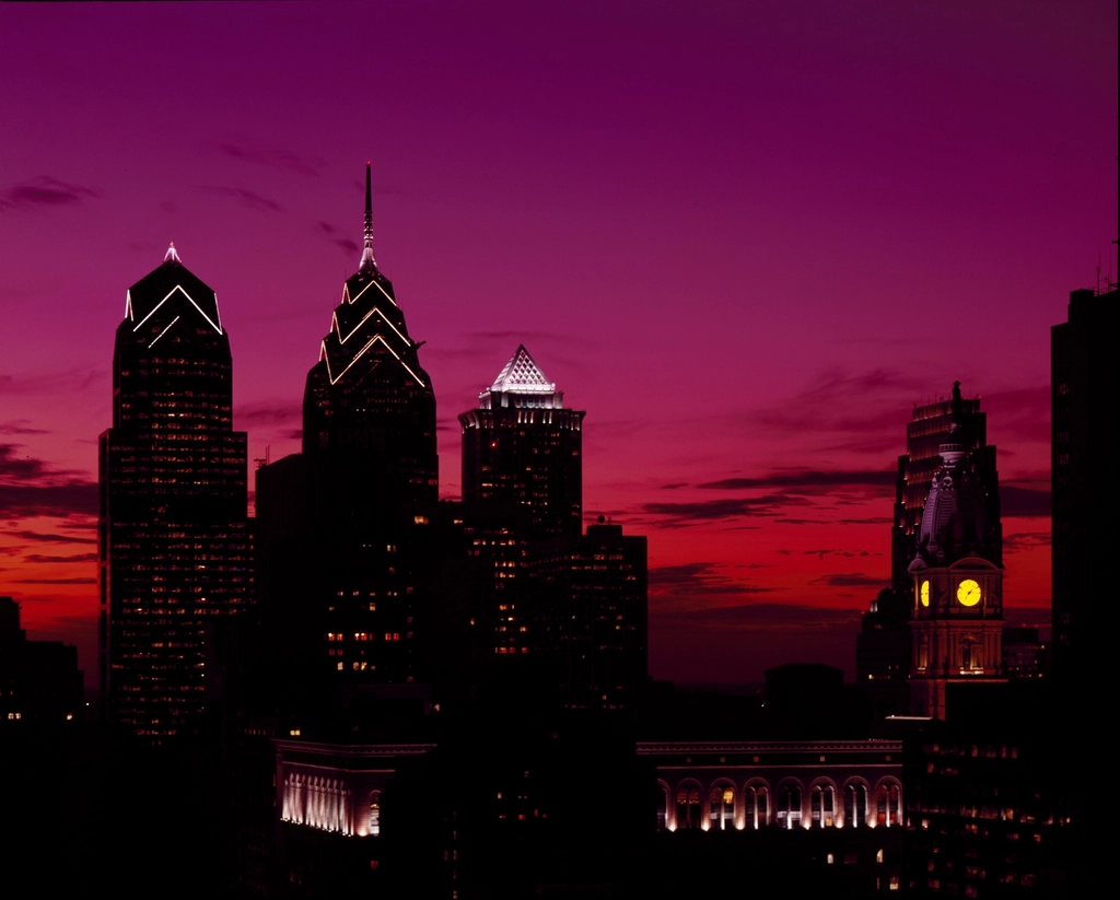 Philadelphia skyline at golden hour, representing in-home newborn circumcision in Philadelphia