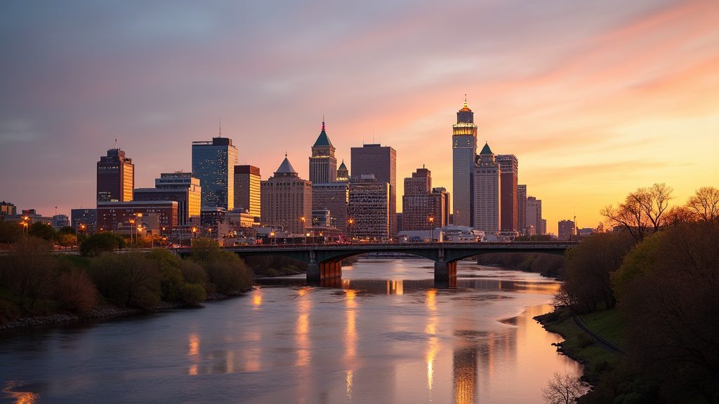 Dayton skyline at golden hour, representing in-home newborn circumcision in Dayton